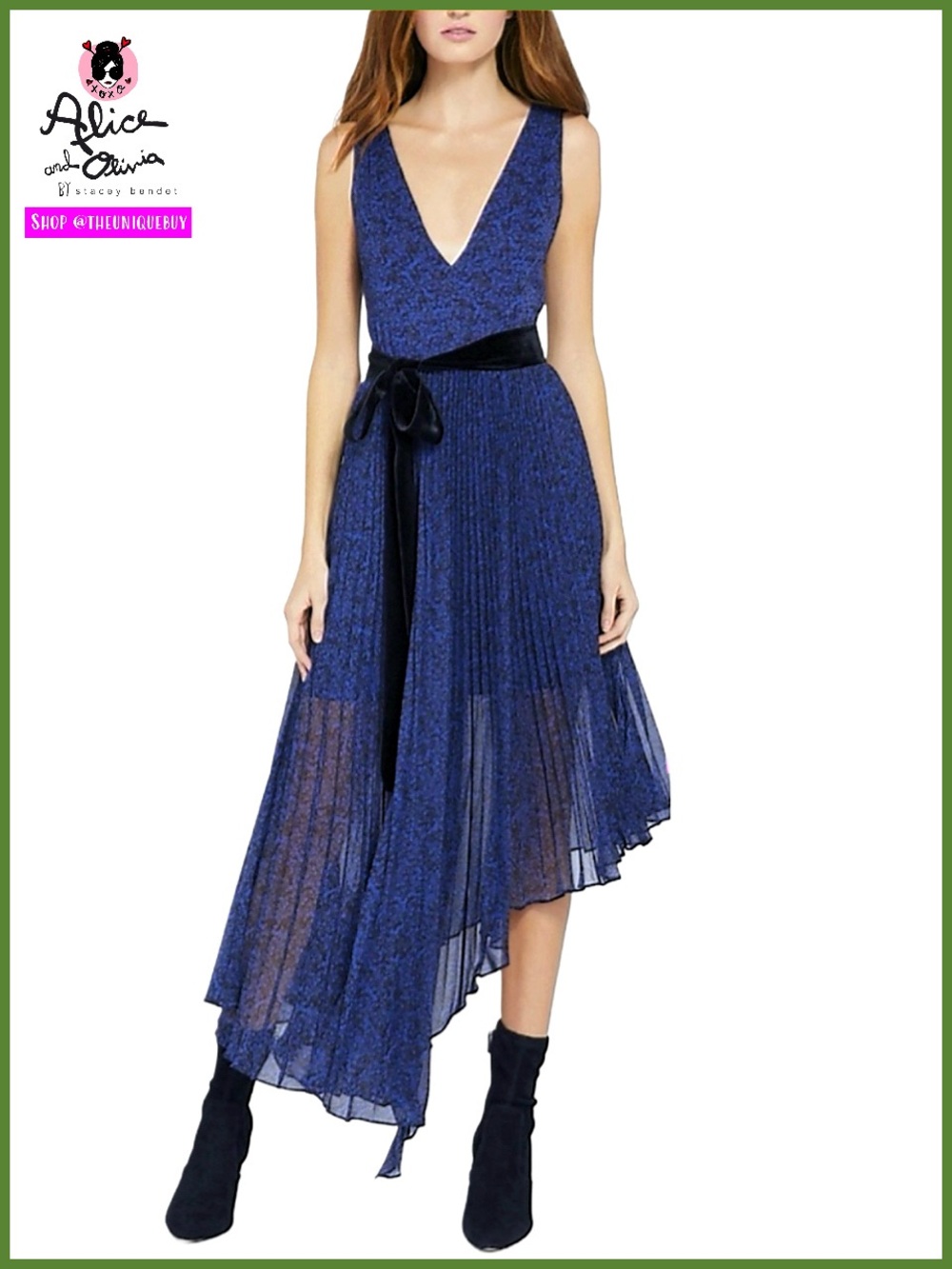 Alice + Olivia Aiden Asymmetrical Pleated Blue Black Velvet Tie Dress